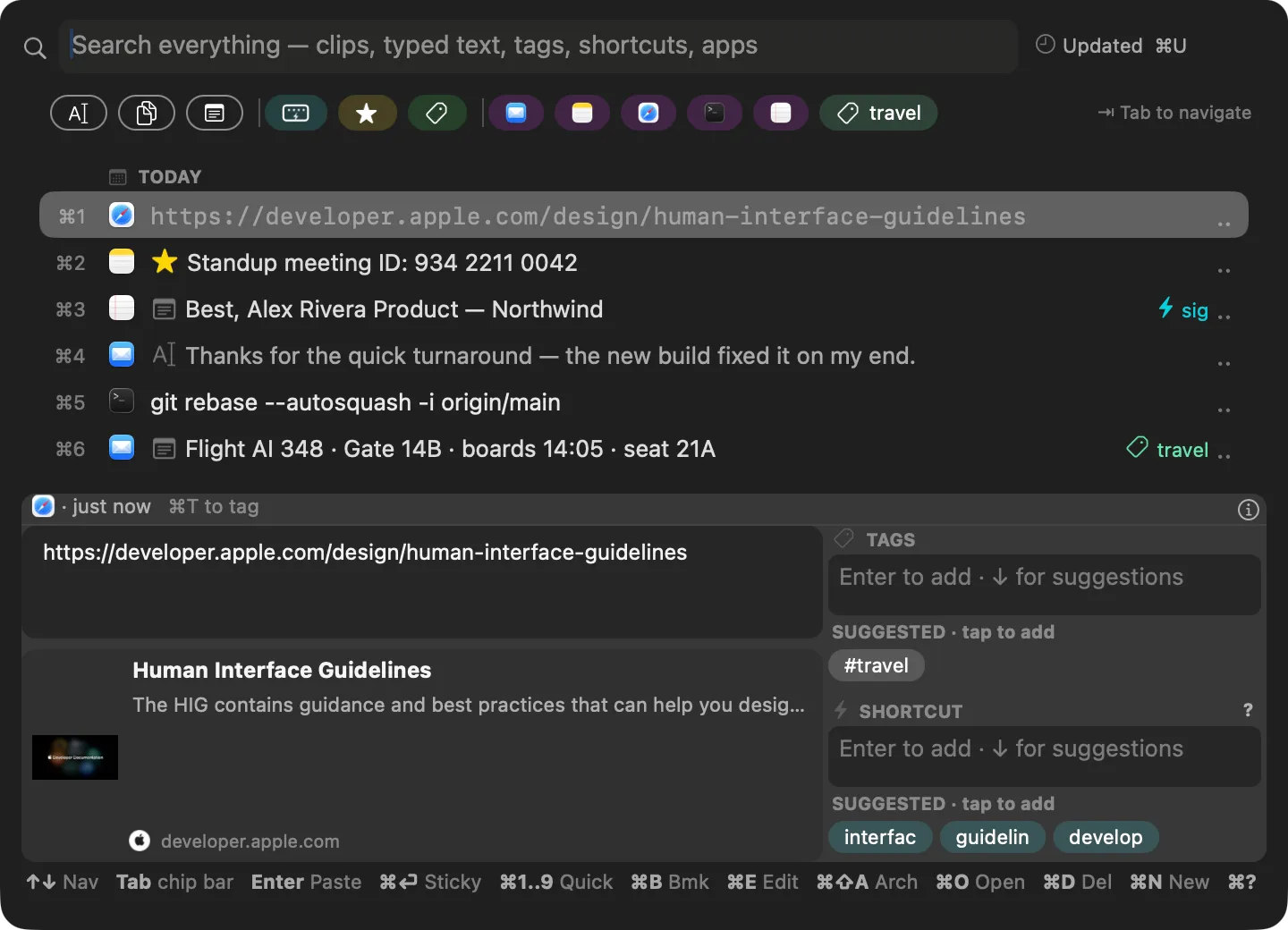 A copied URL in the clippal preview pane showing an automatically fetched link card with title, description, thumbnail and favicon
