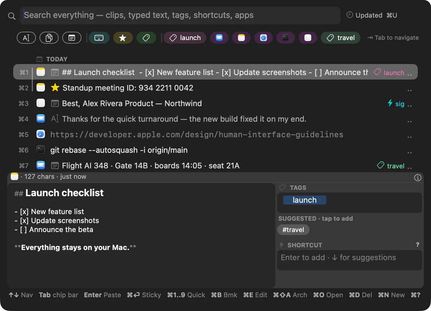 The clippal search panel: full-text search across copied and typed clips, filter chips for bookmarks, tags and source apps, and a markdown preview with tags and a snippet shortcut