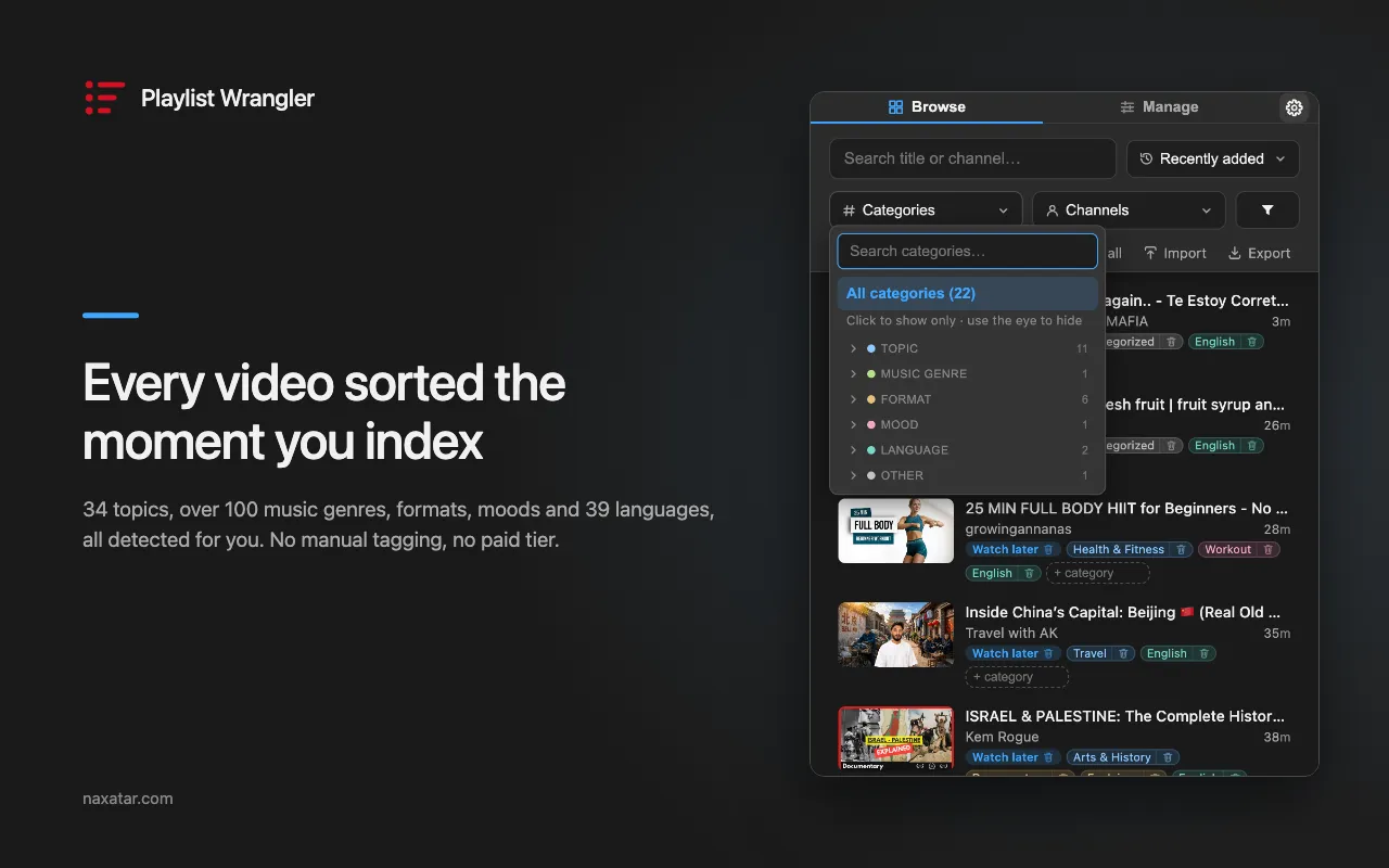 The category filter open, grouped into topic, music genre, format, mood and language, next to the headline “Every video sorted the moment you index.”