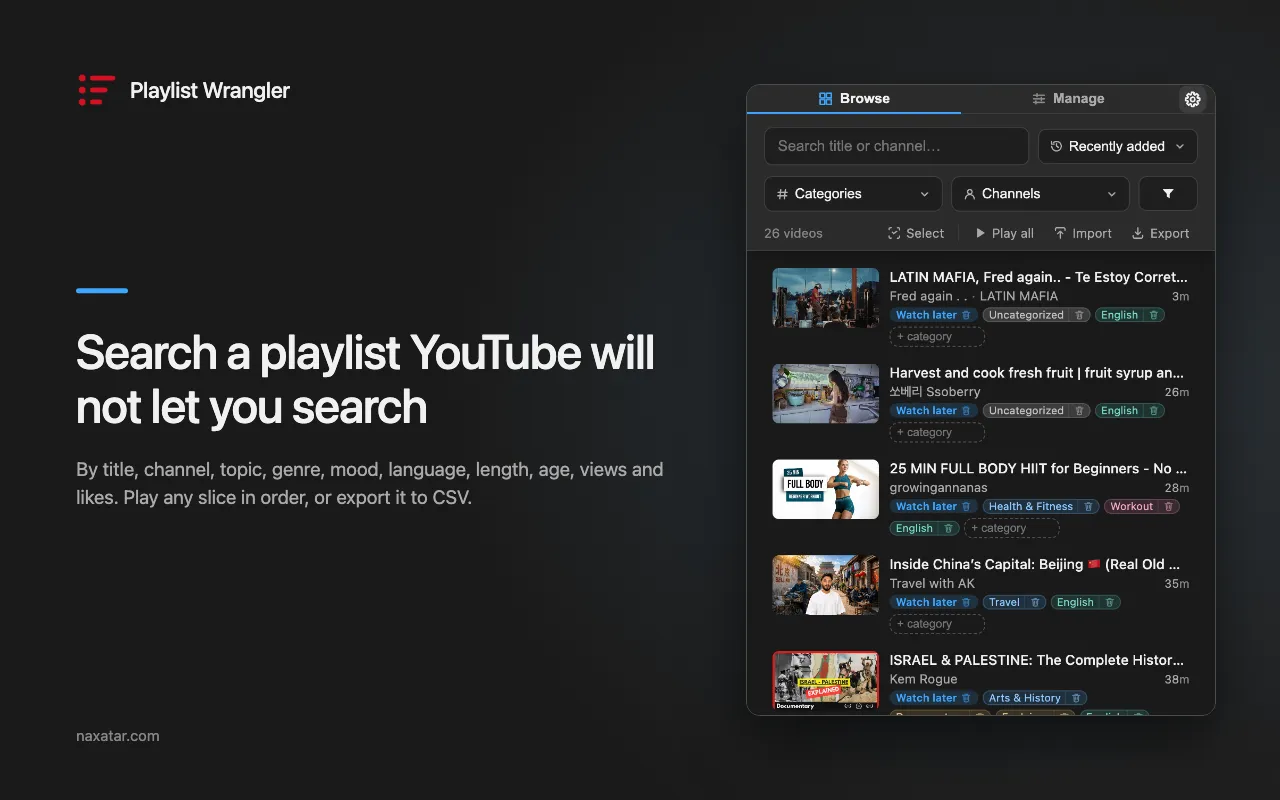The side panel searching a playlist by title, channel, category and length, next to the headline “Search a playlist YouTube will not let you search.”