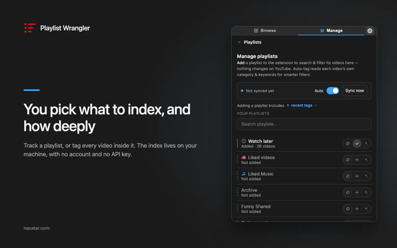 The Manage tab listing playlists to index or skip, next to the headline “You pick what to index, and how deeply.”